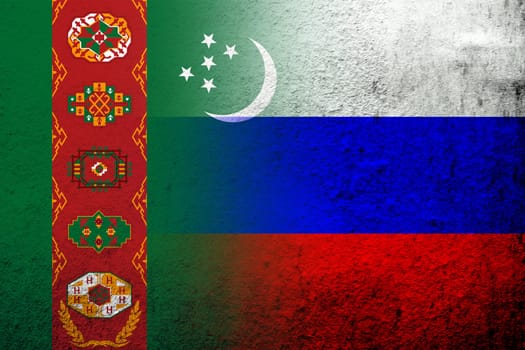 National flag of Russian Federation with The Republic of Turkmenistan National flag. Grunge background