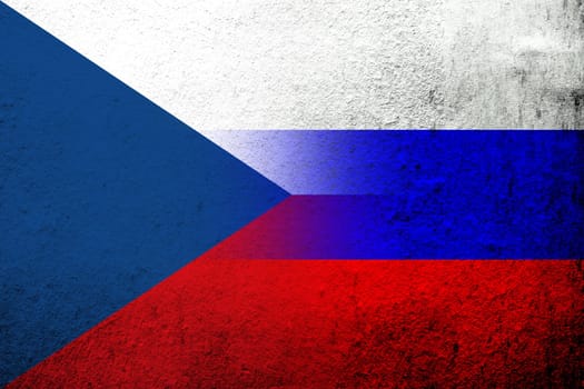 National flag of Russian Federation with National flag of Czech Republic. Grunge background