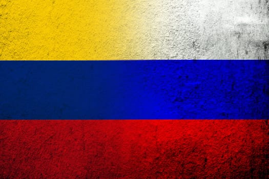 National flag of Russian Federation with National flag of Colombia. Grunge background