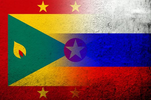National flag of Russian Federation with National flag of Grenada. Grunge background