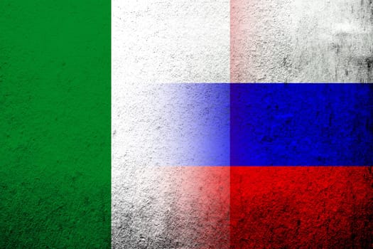 National flag of Russian Federation with National flag of Italy. Grunge background