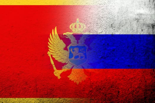 National flag of Russian Federation with National flag of Montenegro. Grunge background