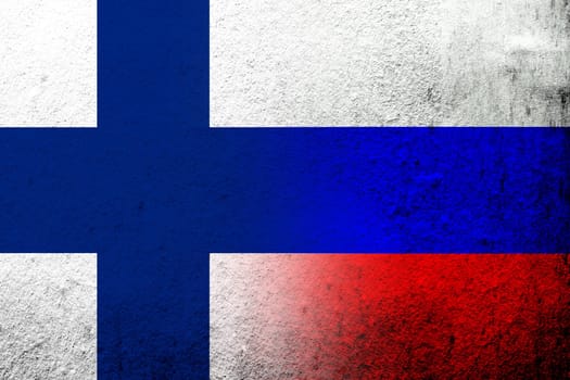 National flag of Russian Federation with National flag of Finland. Grunge background