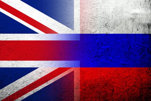 National flag of Russian Federation with National flag of United Kingdom Great Britain. Grunge background