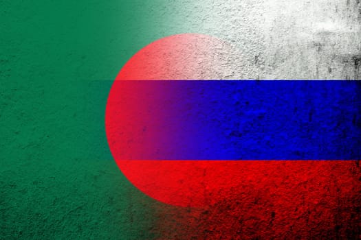 National flag of Russian Federation with Peoples Republic of Bangladesh National flag. Grunge background