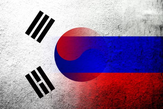 National flag of Russian Federation with National flag of South Korea. Grunge background