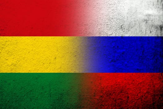 National flag of Russian Federation with Plurinational State of Bolivia National flag. Grunge background