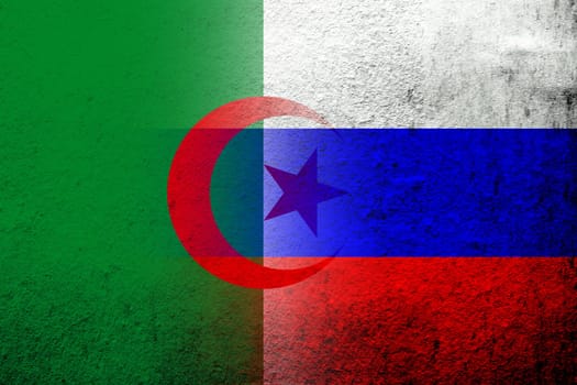 National flag of Russian Federation with Peoples Democratic Republic of Algeria national flag. Grunge background