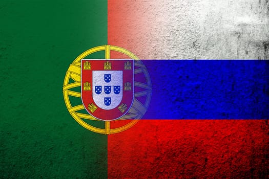 National flag of Russian Federation with Portugal National flag. Grunge background