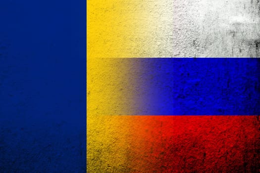 National flag of Russian Federation with National flag of Romania. Grunge background
