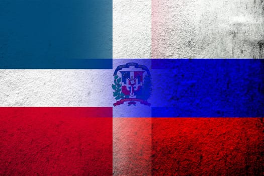 National flag of Russian Federation with National flag of Dominican Republic. Grunge background
