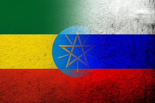 National flag of Russian Federation with Republic of Ethiopia National flag. Grunge background