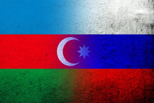 National flag of Russian Federation with Republic of Azerbaijan national flag. Grunge background