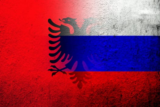 National flag of Russian Federation with Republic of Albania National flag. Grunge background