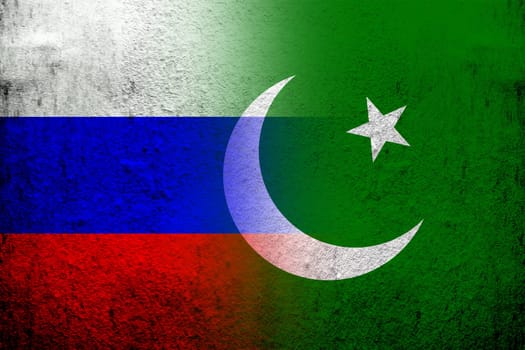 National flag of Russian Federation with Republic of Pakistan National flag. Grunge background