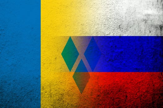 National flag of Russian Federation with National flag of Saint Vincent and the Grenadines. Grunge background