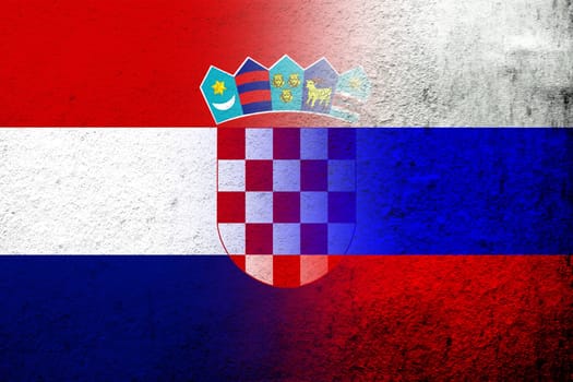 National flag of Russian Federation with Republic of Croatia National flag. Grunge background
