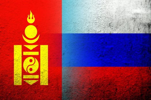 National flag of Russian Federation with National flag of Mongolia. Grunge background