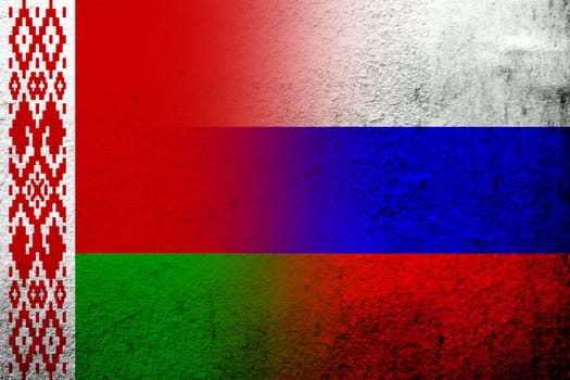 National flag of Russian Federation with Republic of Belarus National flag. Grunge background