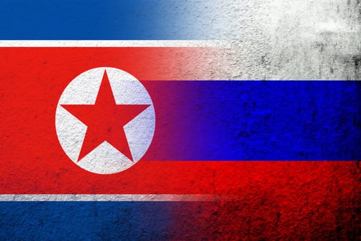 National flag of Russian Federation with The Democratic Peoples Republic of Korea North Korea National flag. Grunge background