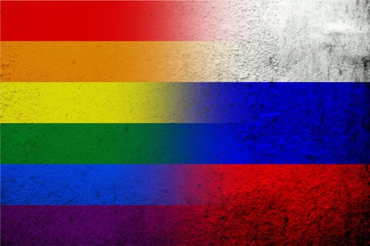 National flag of Russian Federation with Rainbow LGBT pride flag. Grunge background
