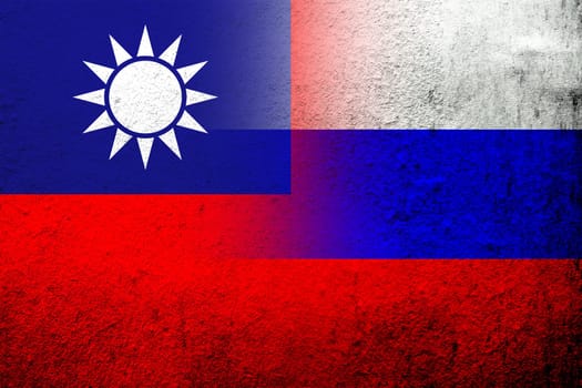National flag of Russian Federation with Taiwan National flag. Grunge background