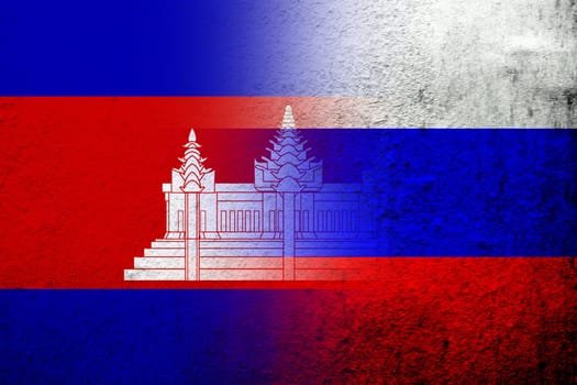 National flag of Russian Federation with The Kingdom of Cambodia National flag. Grunge background