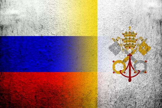 National flag of Russian Federation with National flag of Vatican City. Grunge background
