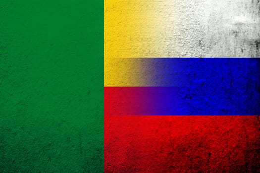 National flag of Russian Federation with Republic of Benin National flag. Grunge background