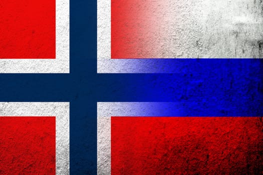 National flag of Russian Federation with The Kingdom of Norway national flag. Grunge background