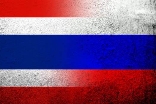 National flag of Russian Federation with The Kingdom of Thailand National flag. Grunge background