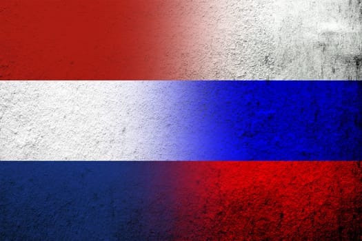 National flag of Russian Federation with The Kingdom of the Netherlands National flag. Grunge background