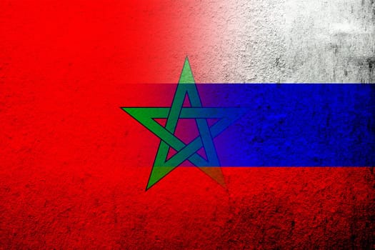 National flag of Russian Federation with The Kingdom of Morocco National flag. Grunge background