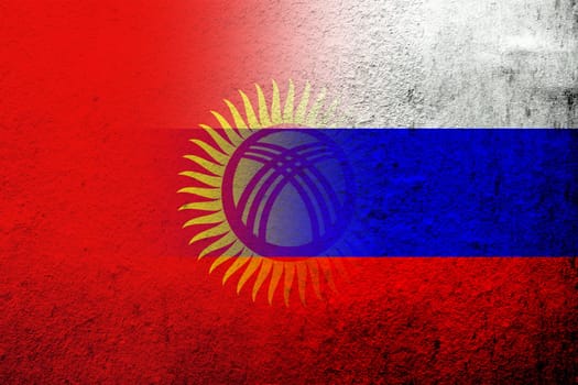 National flag of Russian Federation with The Kyrgyz Republic Kyrgyzstan National flag. Grunge background