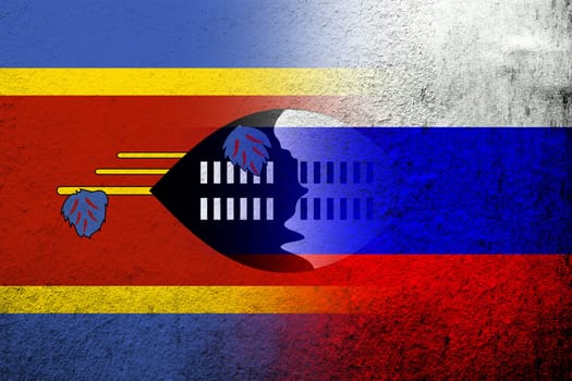 National flag of Russian Federation with The Kingdom of Eswatini Swaziland National flag. Grunge background
