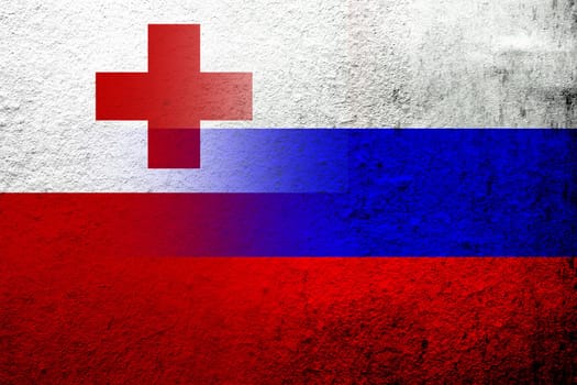National flag of Russian Federation with The Kingdom of Tonga National flag. Grunge background