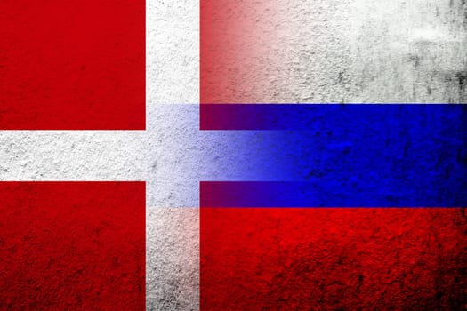 National flag of Russian Federation with the Kingdom of Denmark National flag. Grunge background