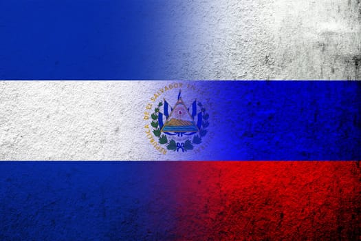 National flag of Russian Federation with The Republic of El Salvador National flag. Grunge background