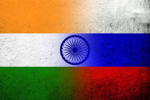 National flag of Russian Federation with The Republic of India National flag. Grunge background