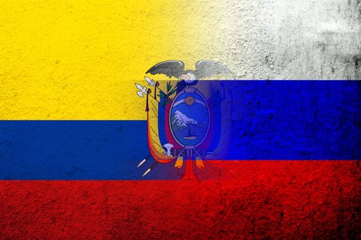 National flag of Russian Federation with the Republic of Ecuador National flag. Grunge background