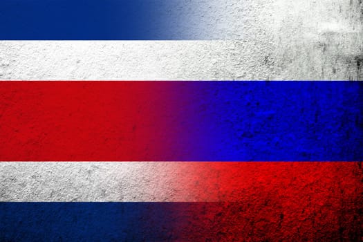 National flag of Russian Federation with the Republic of Costa Rica National flag. Grunge background