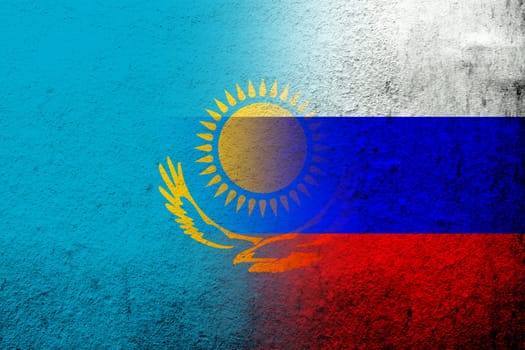 National flag of Russian Federation with The Republic of Kazakhstan National flag. Grunge background