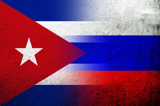 National flag of Russian Federation with The Republic of Cuba National flag. Grunge background