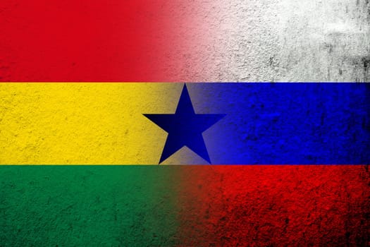 National flag of Russian Federation with The Republic of Ghana National flag. Grunge background