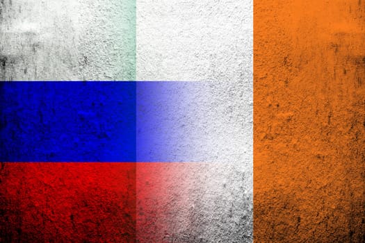 National flag of Russian Federation with The Republic of Ireland National flag. Grunge background