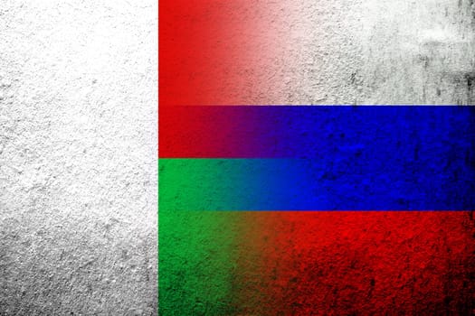 National flag of Russian Federation with The Republic of Madagascar National flag. Grunge background