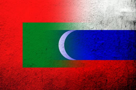 National flag of Russian Federation with The Republic of Maldives National flag. Grunge background