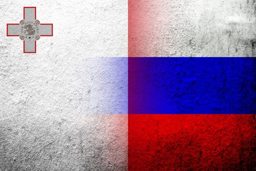 National flag of Russian Federation with The Republic of Malta National flag. Grunge background