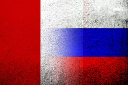 National flag of Russian Federation with The Republic of Peru National flag. Grunge background