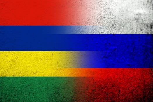 National flag of Russian Federation with The Republic of Mauritius National flag. Grunge background